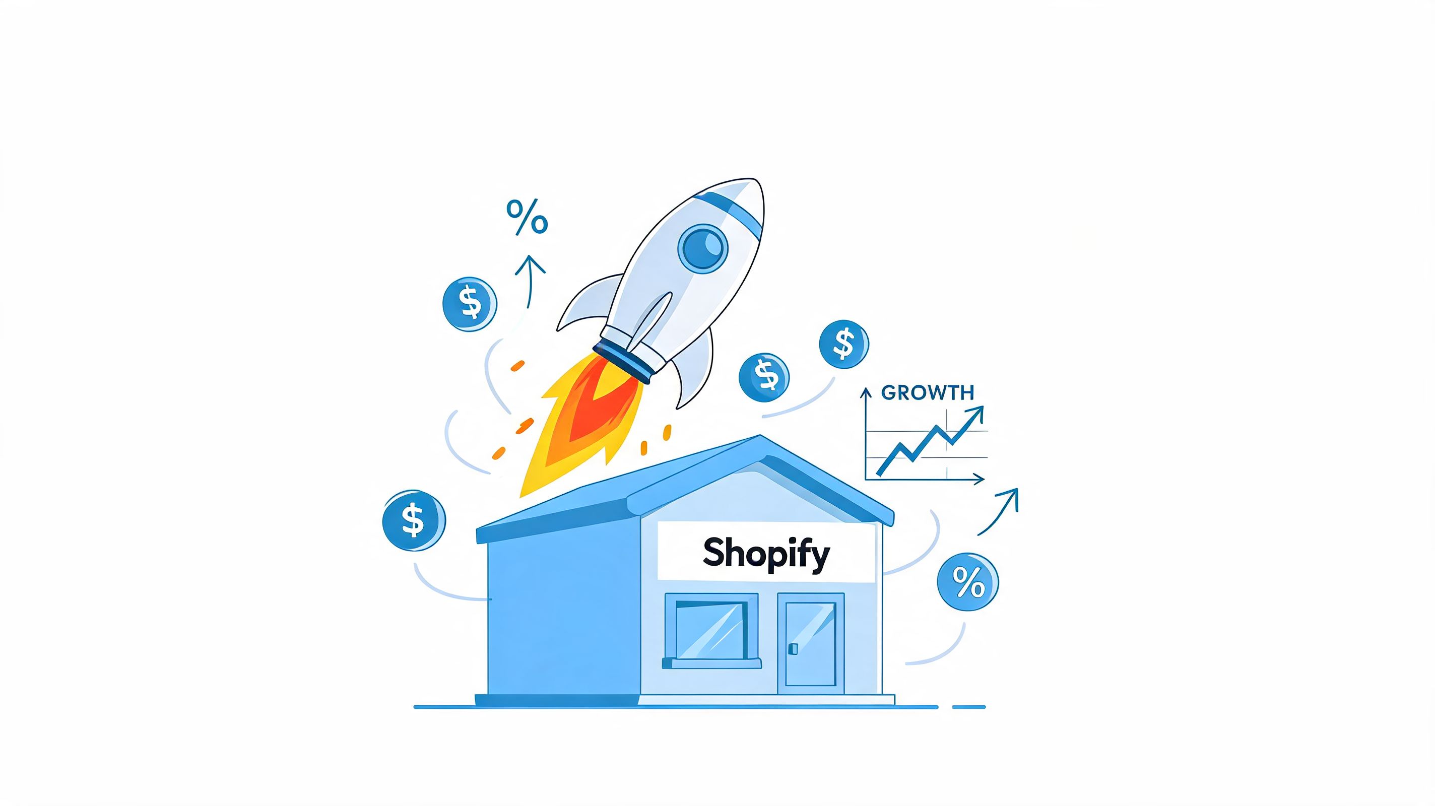 A rocket launching from a Shopify store building surrounded by financial growth symbols and icons.