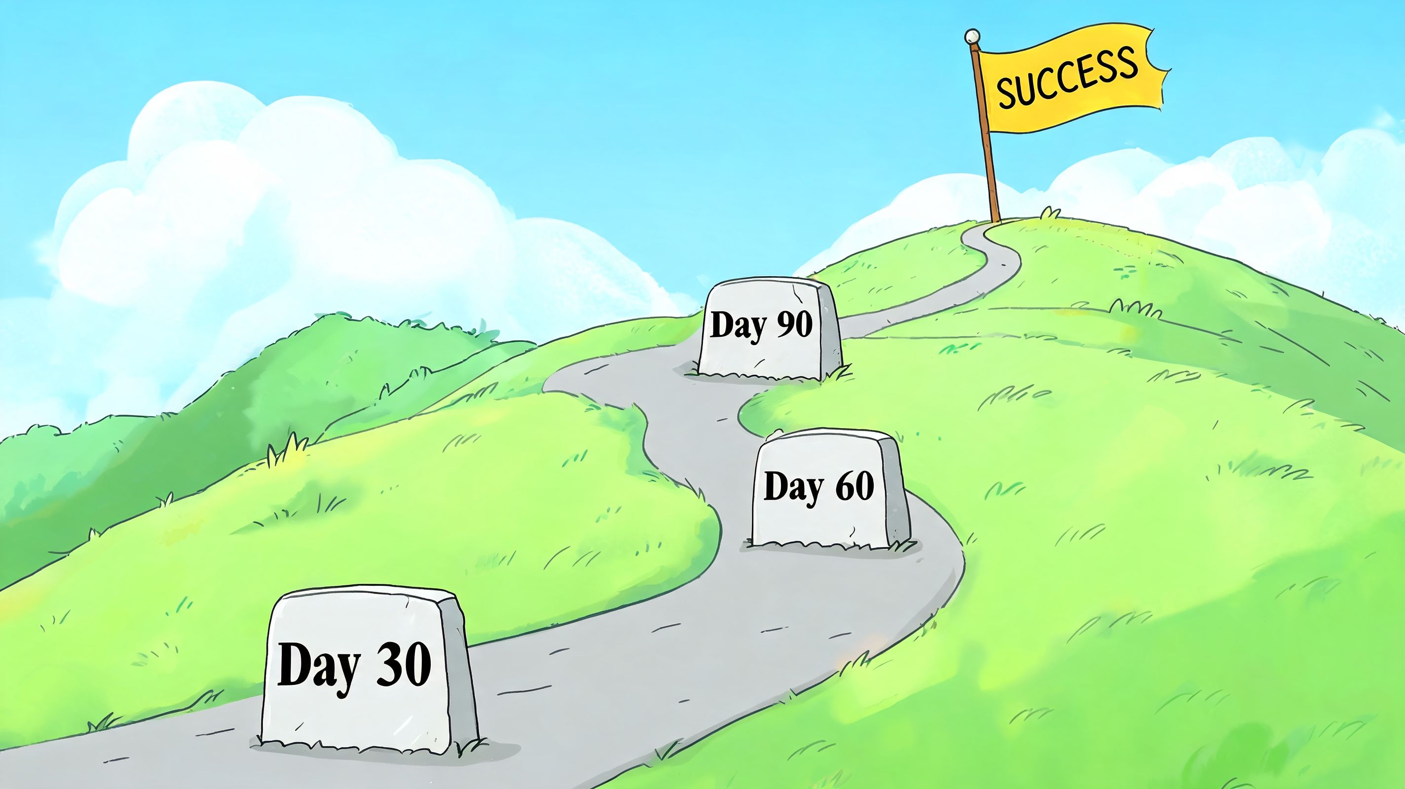 A path on a grassy hill with milestones marked Day 30, Day 60, and Day 90 leading to a Success flag.