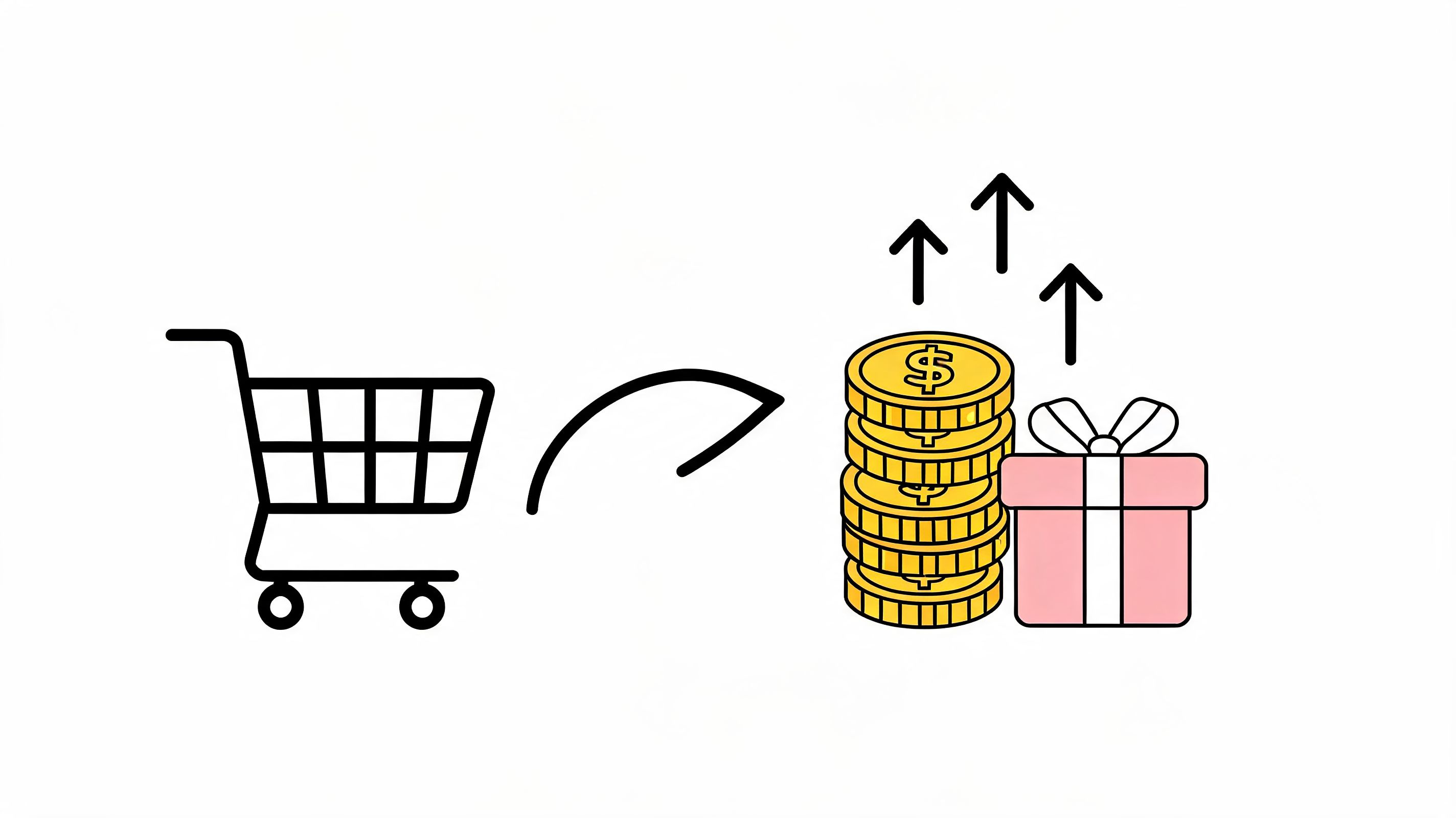 A shopping cart icon pointing towards a stack of gold coins and a gift box.