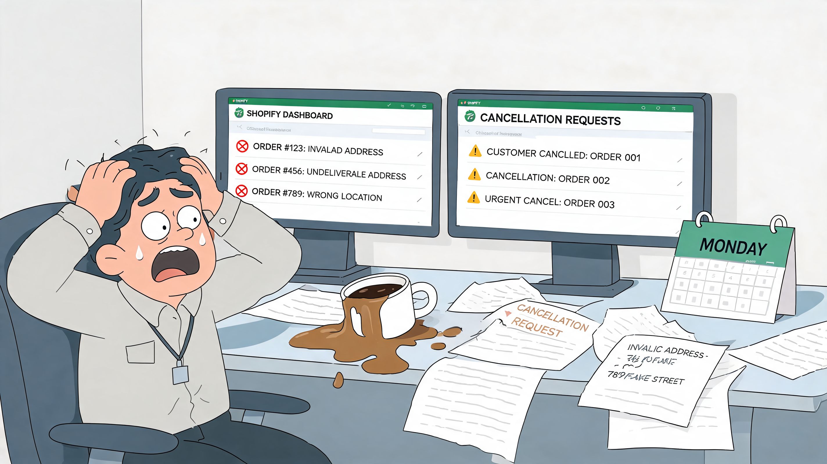 A stressed office worker clutching his head in panic while viewing many error and cancellation order alerts.