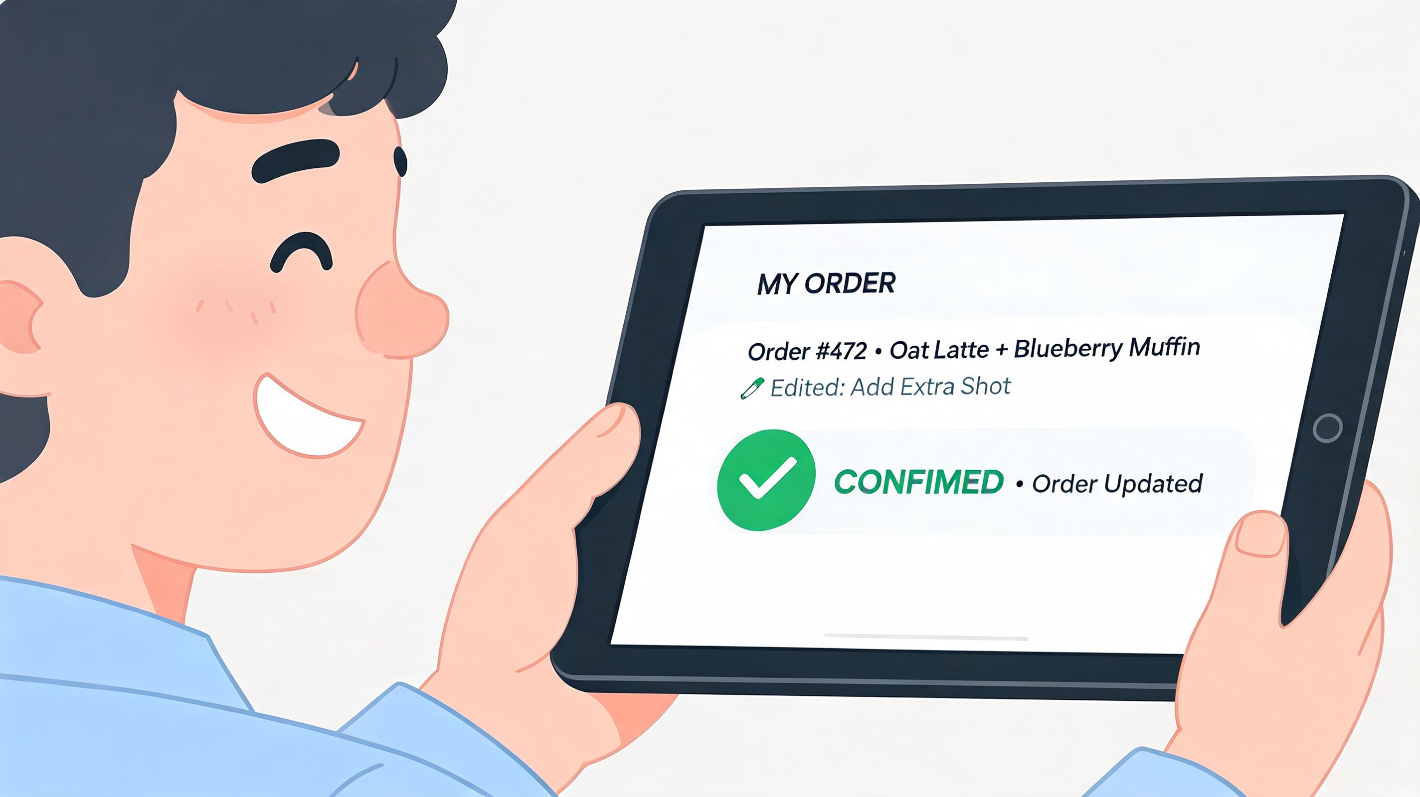 A happy person looking at a tablet showing a confirmed order update status.