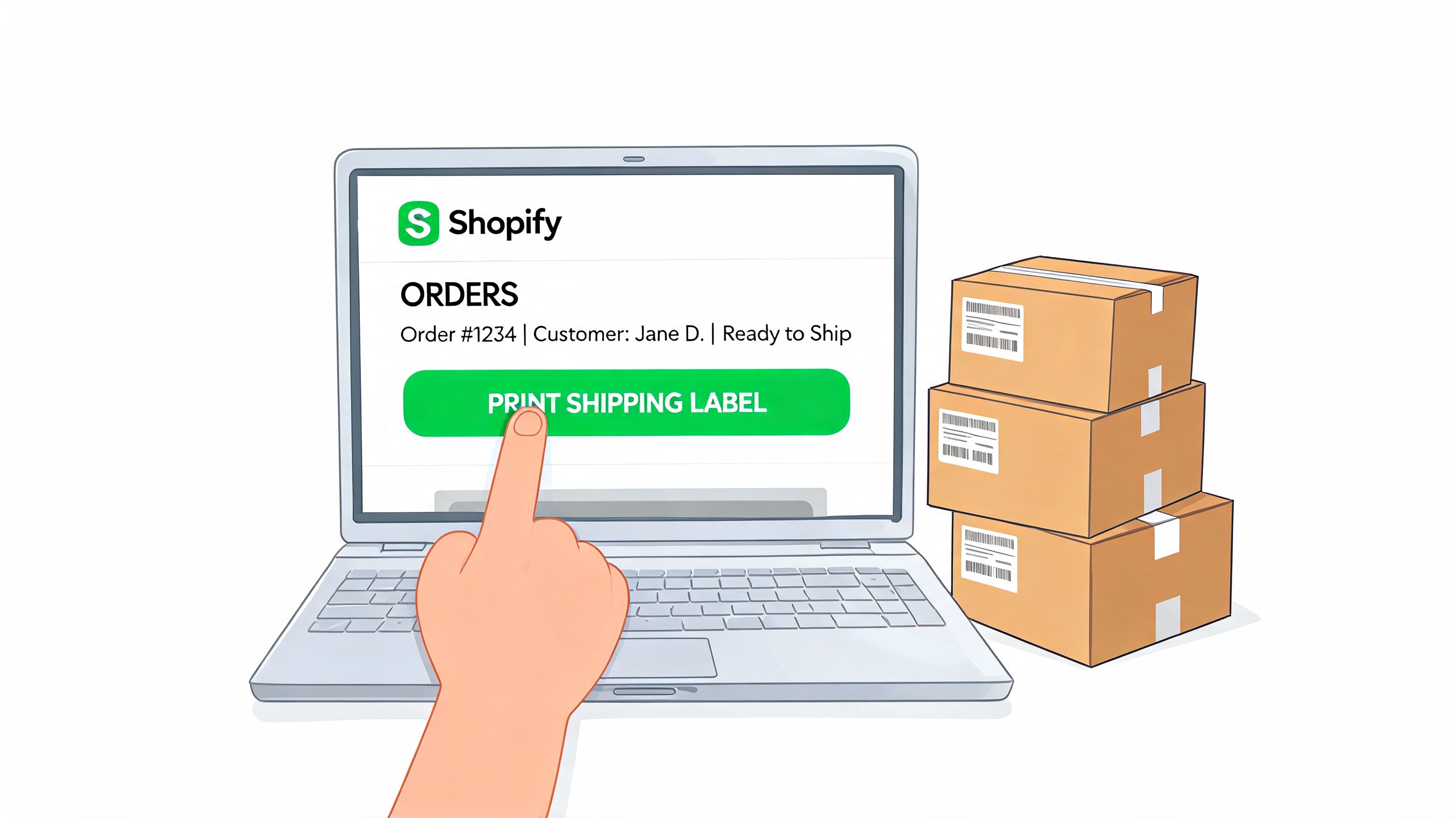 A hand using a laptop to print a shipping label for a Shopify order next to stacked boxes.