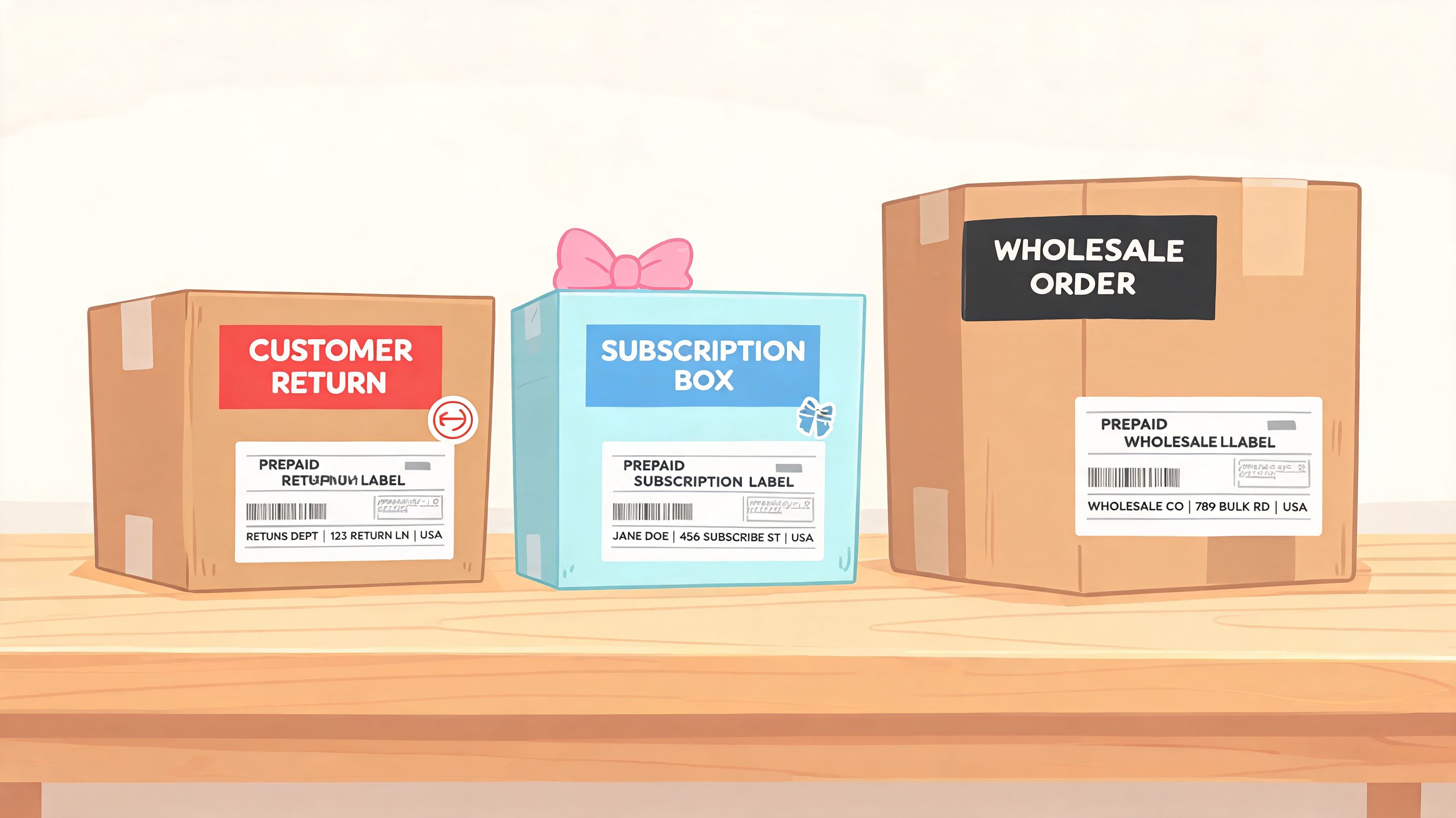 Three cardboard shipping boxes on a table, each with a different prepaid shipping label attached to it.