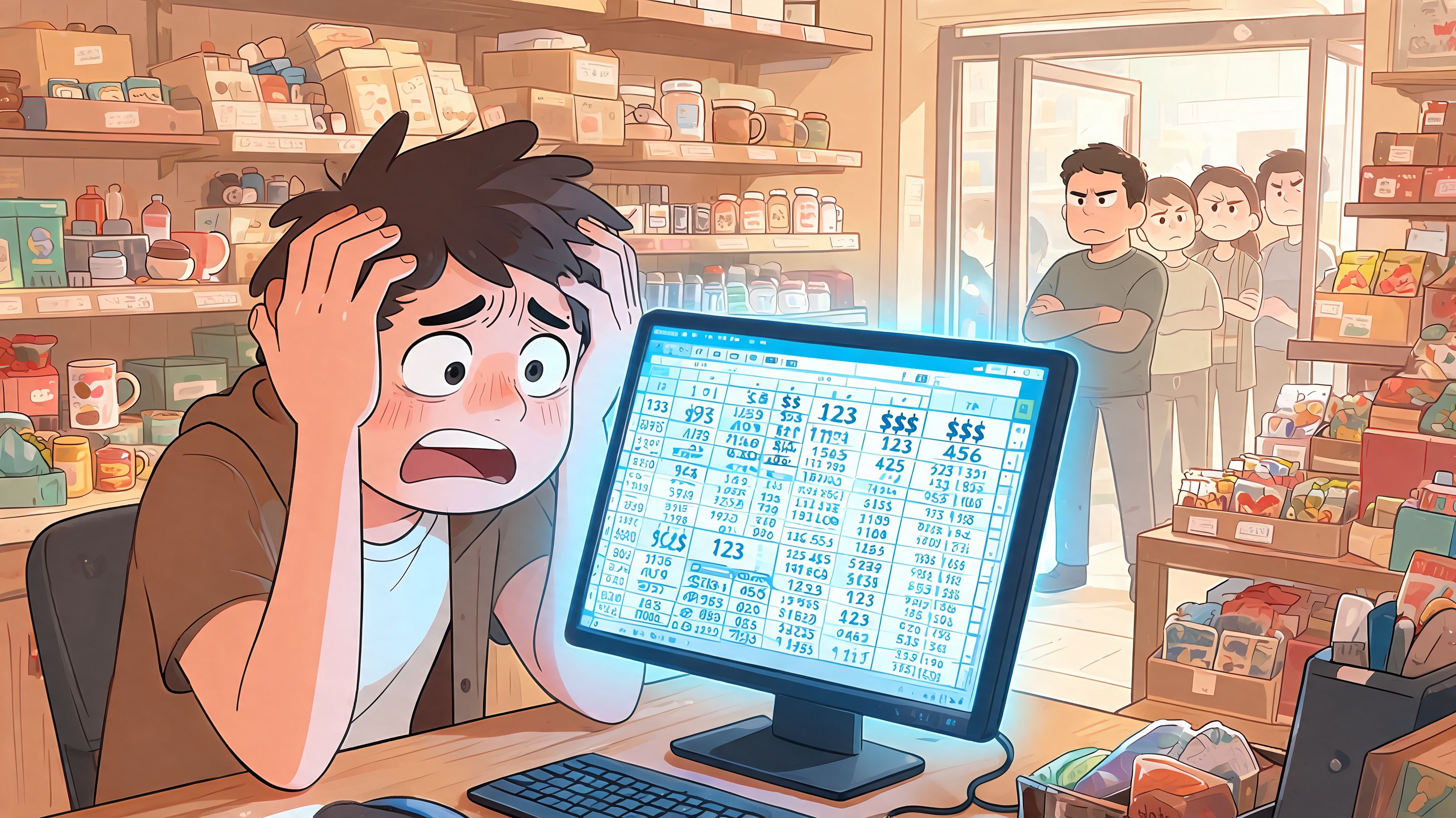 A stressed shop clerk looking at a cluttered computer screen while customers wait in a long line.