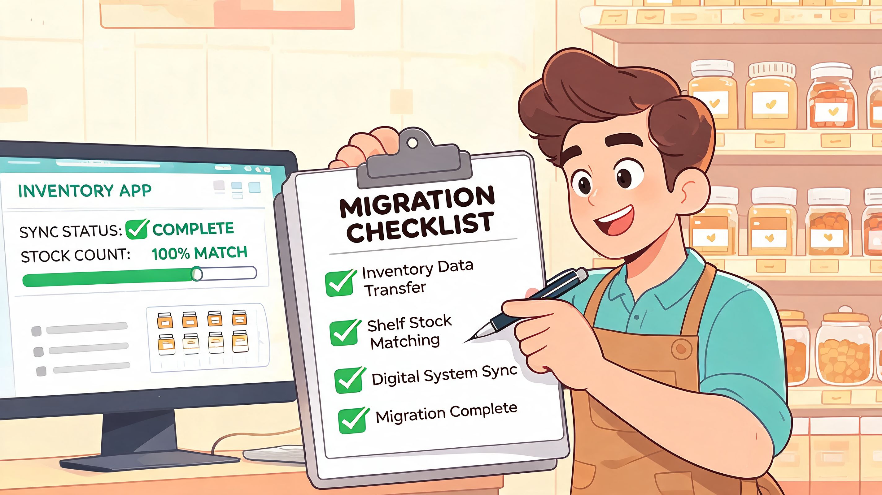 A store employee checking off migration tasks on a clipboard next to a digital inventory management screen.