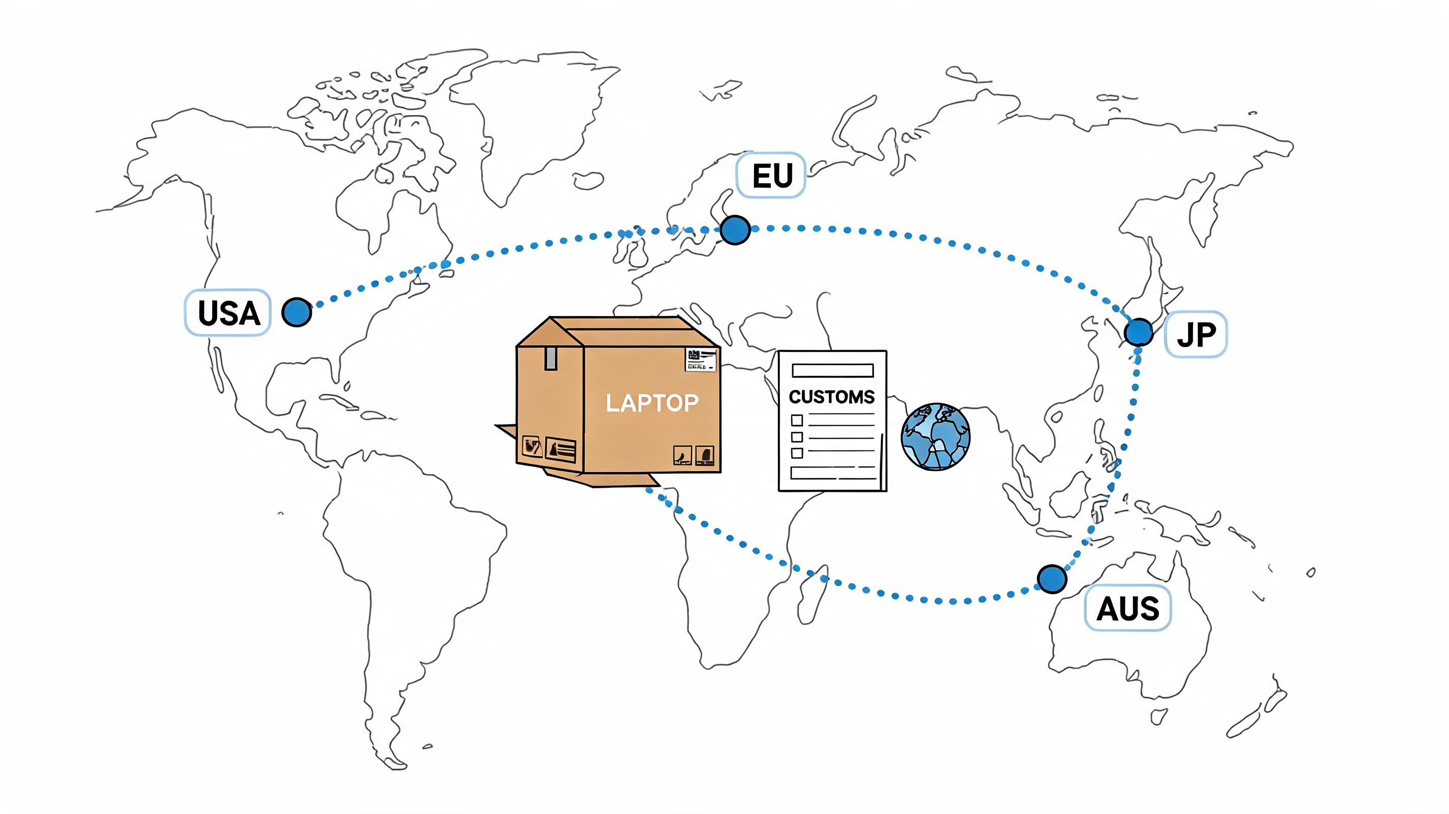 A map showing global shipping routes for a laptop package involving customs and international transit.