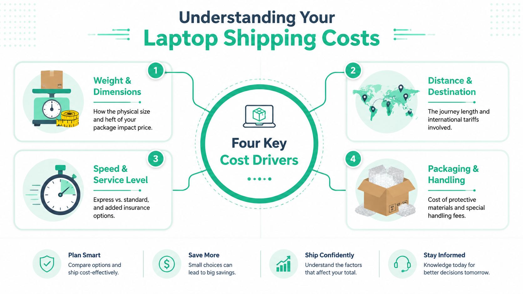 An infographic titled Understanding Your Laptop Shipping Costs outlining four primary factors that influence shipping prices.