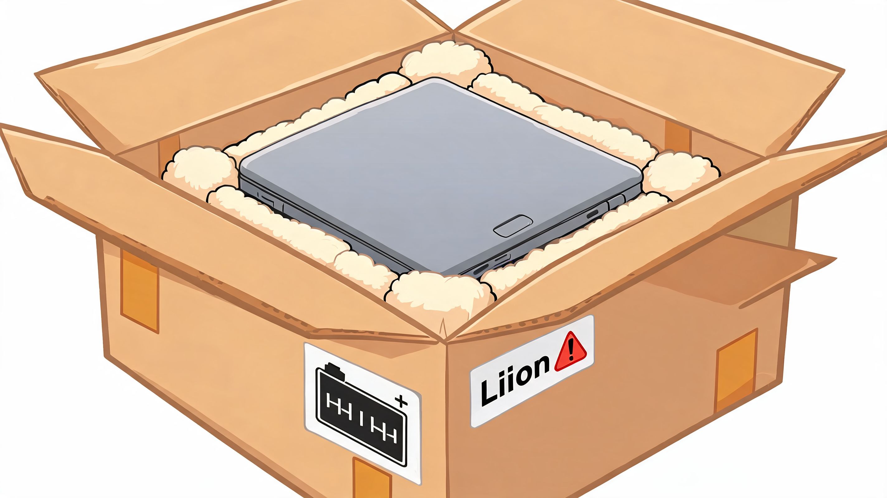 A cardboard box containing a gray laptop protected by packing peanuts for shipping purposes.