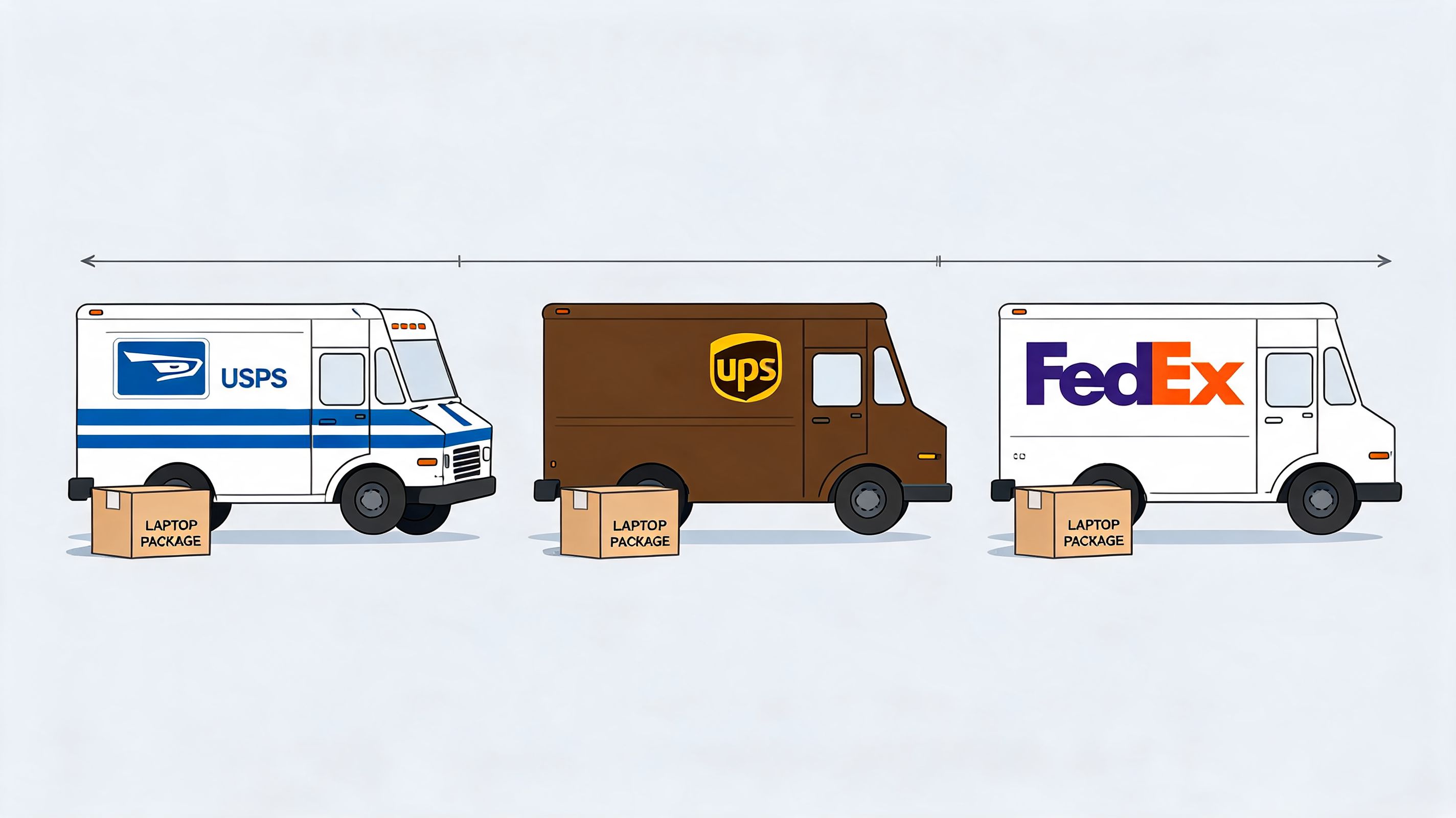 Three delivery trucks representing USPS, UPS, and FedEx are each shown alongside a single laptop package.