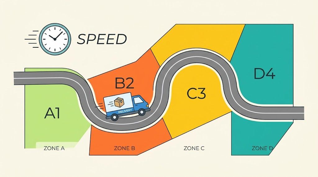 A colorful infographic showing a delivery truck traveling along a road through four different zones labeled A1 to D4.