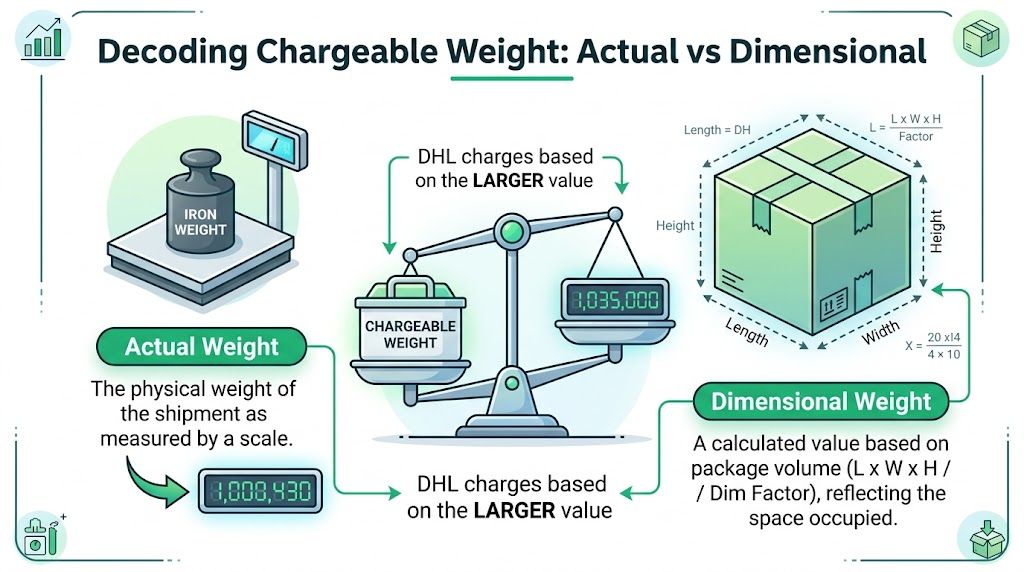 An infographic explaining how DHL calculates chargeable weight using a comparison between actual and dimensional weight.