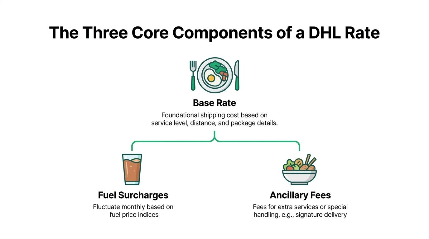 An infographic showing the three core components of a DHL courier shipping rate: base rate, fuel surcharges, and ancillary fees.