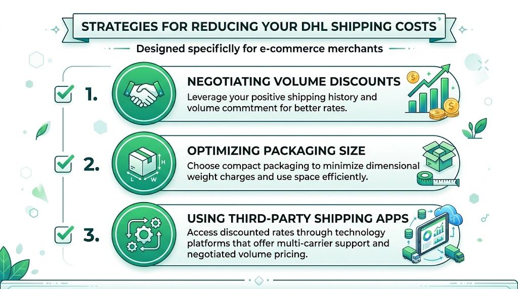 An infographic detailing three effective strategies for e-commerce merchants to reduce their DHL shipping costs.