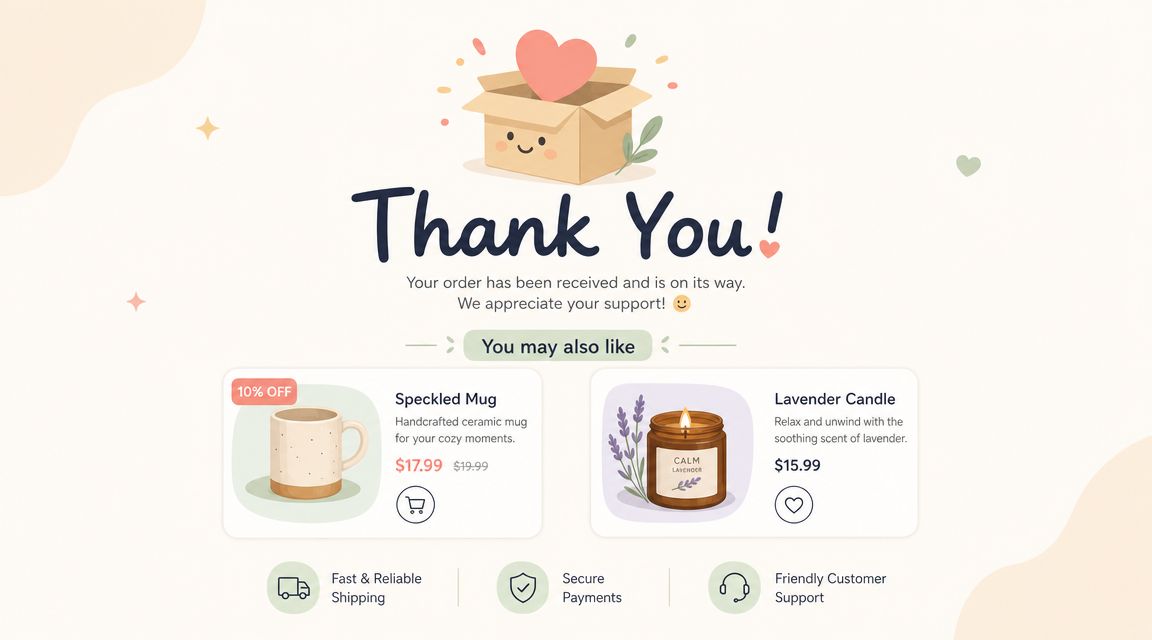 A thank you page for an online order featuring a cute cardboard box, recommended products, and service icons.