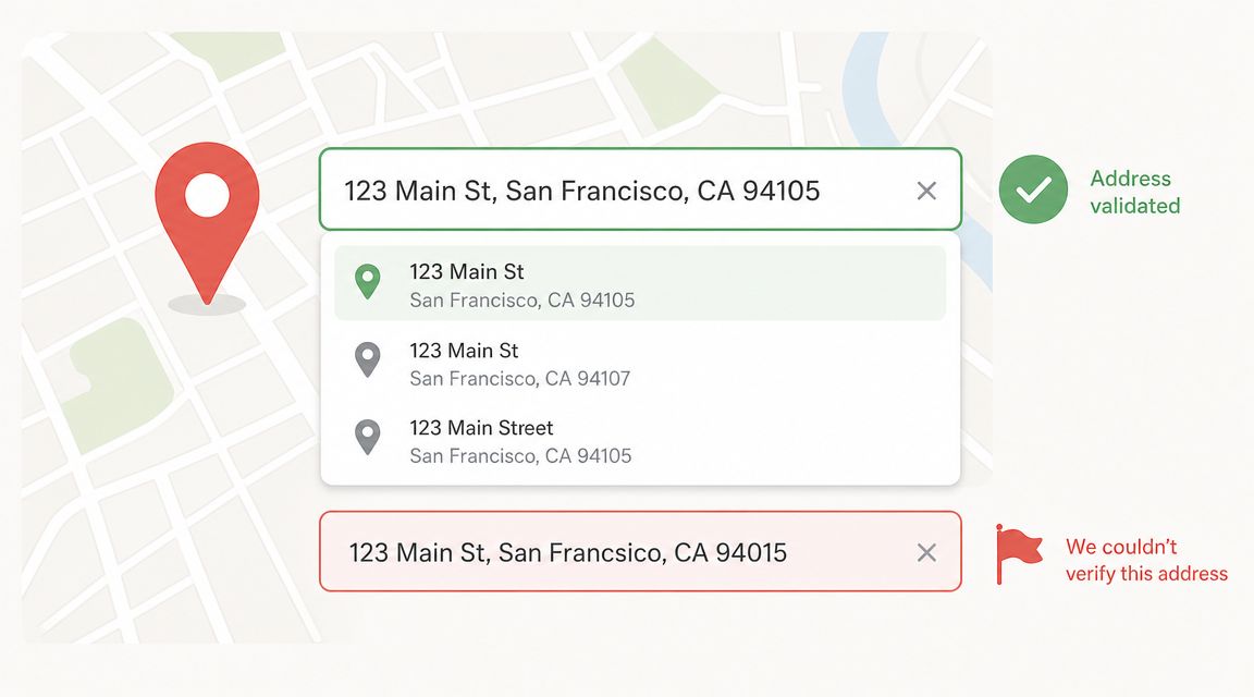 A digital interface illustrating address verification with valid and invalid address entry examples on a map background.