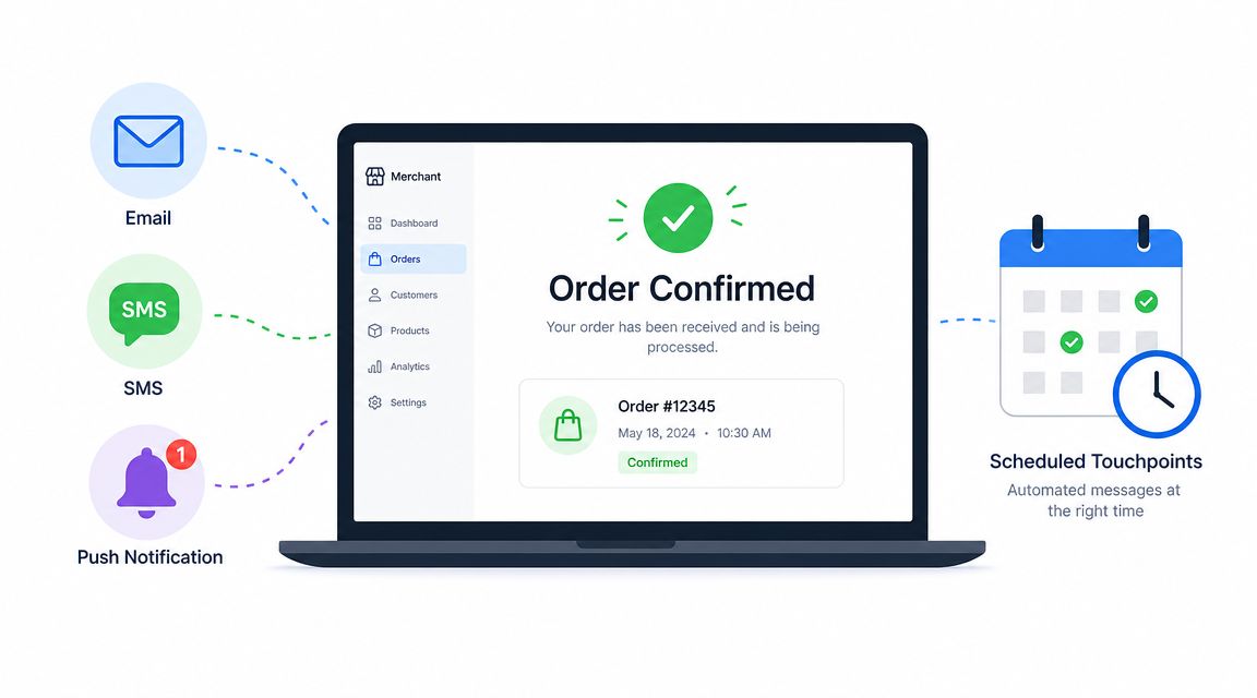 A laptop screen displaying an order confirmation dashboard connected to email, SMS, and push notification marketing tools.