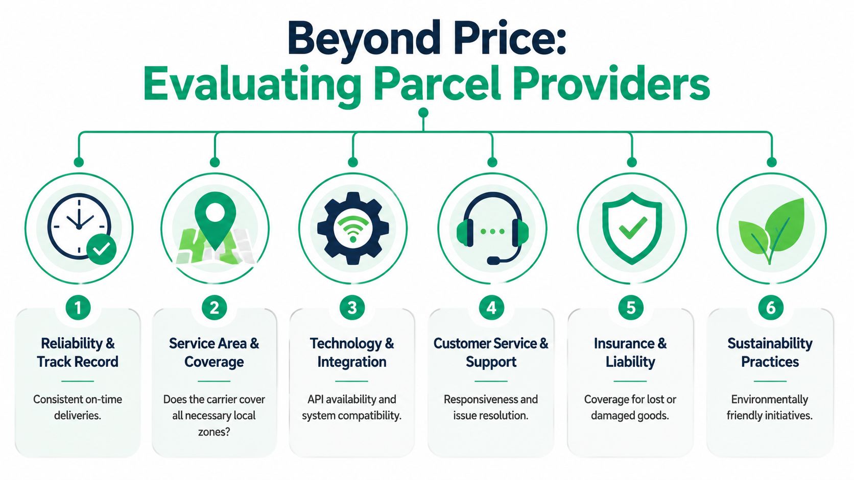 An infographic illustrating six key factors for evaluating parcel delivery providers beyond price, including reliability and sustainability.