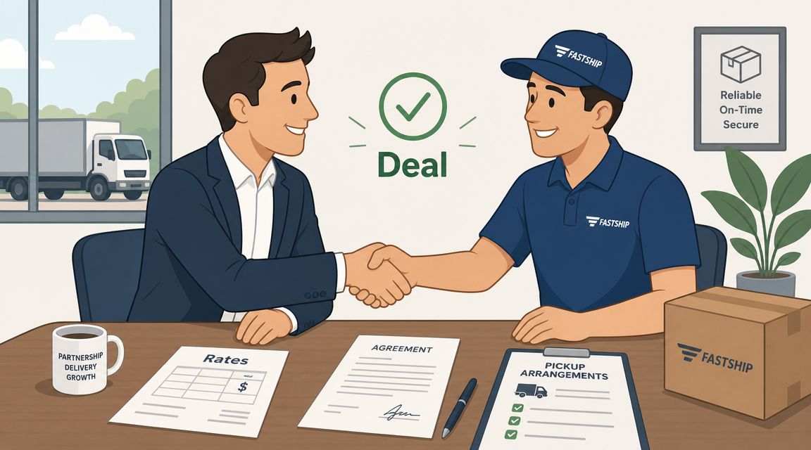 A professional man and a Fastship delivery worker shaking hands over a signed business agreement contract.
