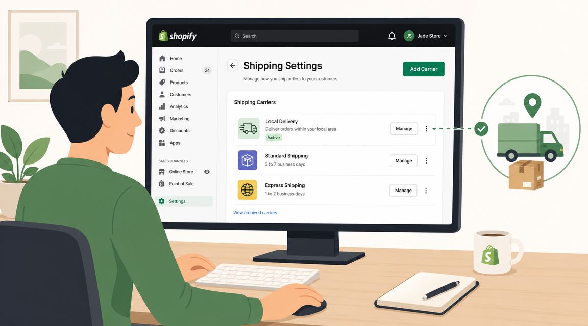 A person working at a computer desk managing shipping settings on the Shopify dashboard interface.