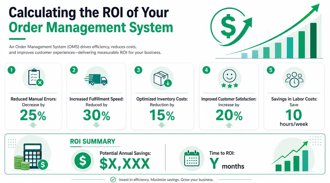An infographic detailing five key benefits of implementing an Order Management System to improve business ROI.