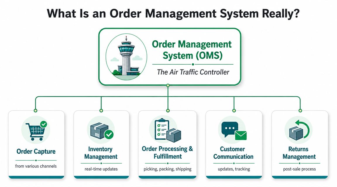 An infographic diagram illustrating the five core components of an Order Management System for business operations.