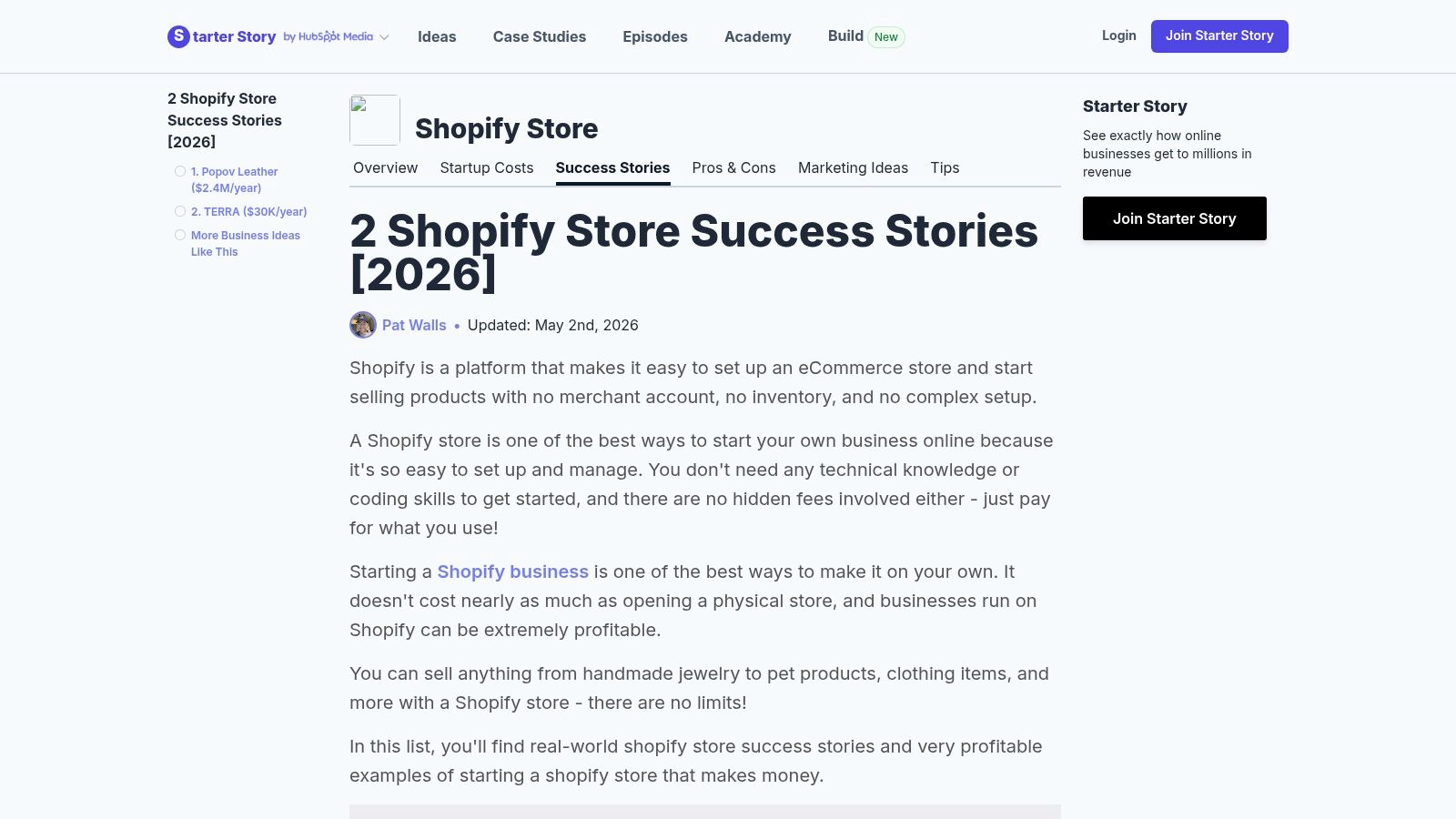 Starter Story, Shopify store success stories (independent)