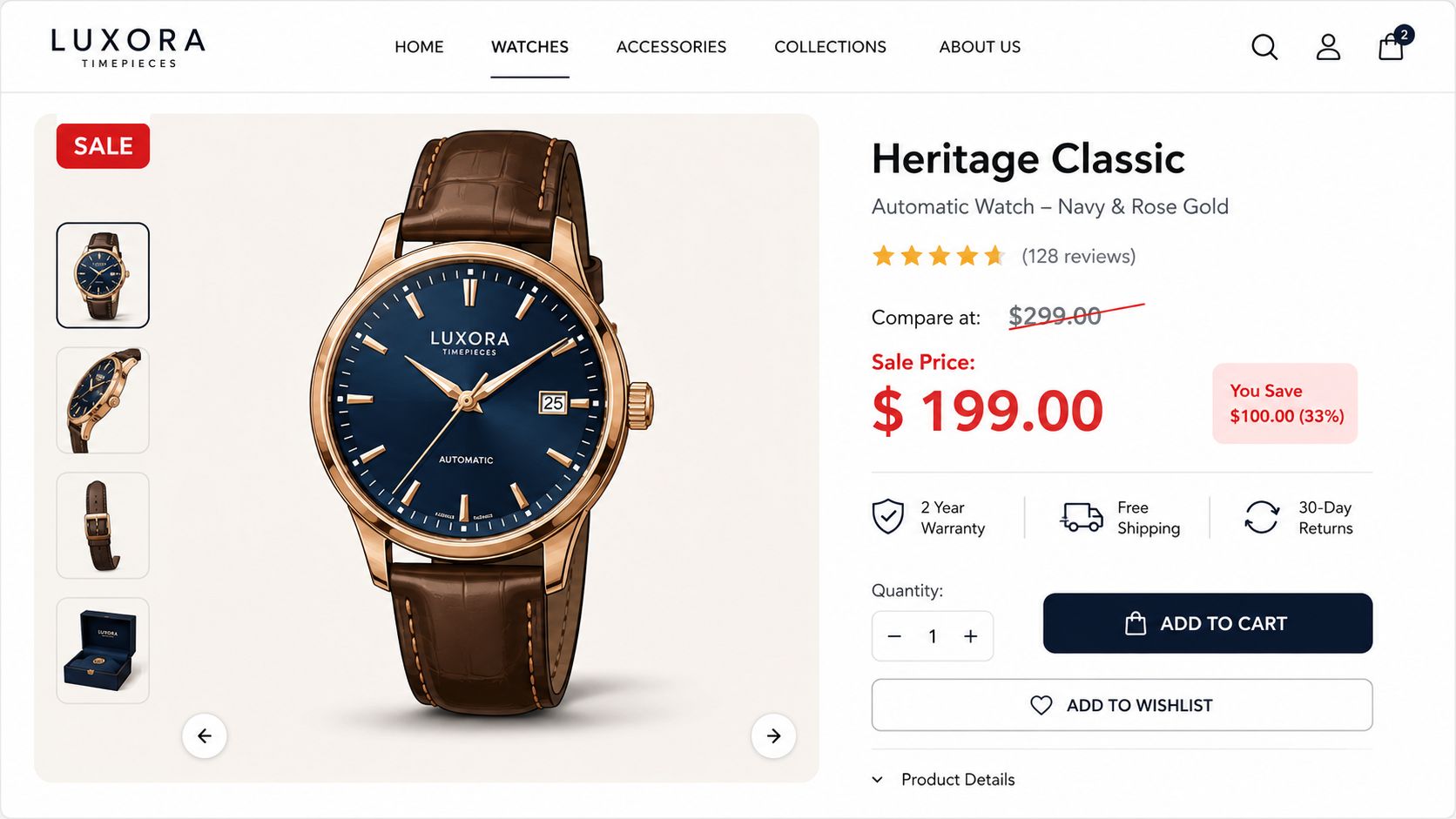 Luxora Heritage Classic automatic watch in navy and rose gold displayed on a product sales page.