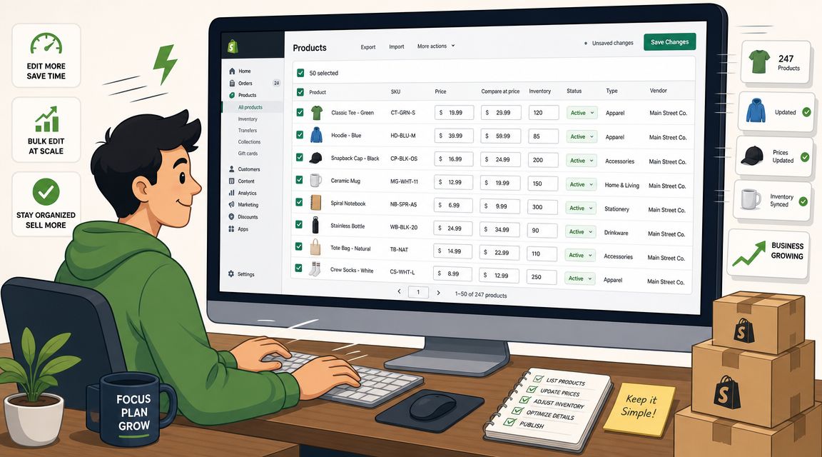 An illustration of a person managing products on the Shopify dashboard interface on a computer monitor.