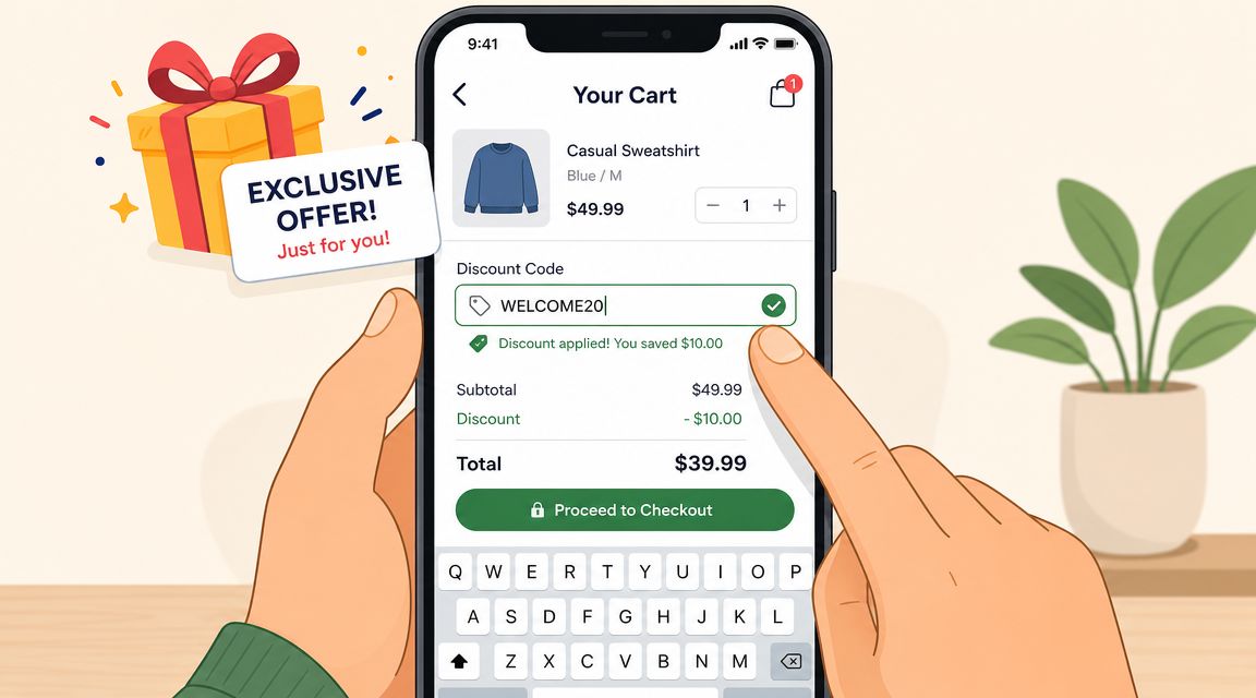 A smartphone screen showing a shopping cart page with a discount code being applied to a purchase.