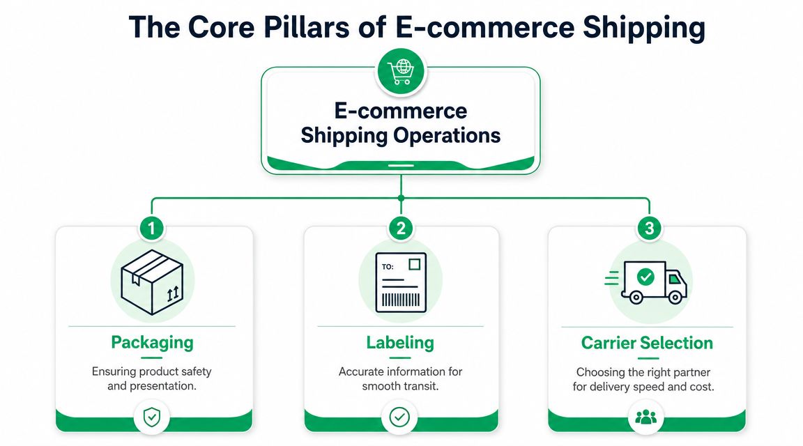 A diagram outlining the three core pillars of e-commerce shipping operations: packaging, labeling, and carrier selection.