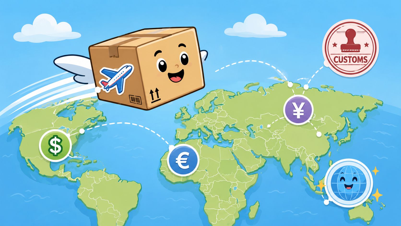 An animated cardboard shipping box flying over a global world map featuring currency and customs icons.