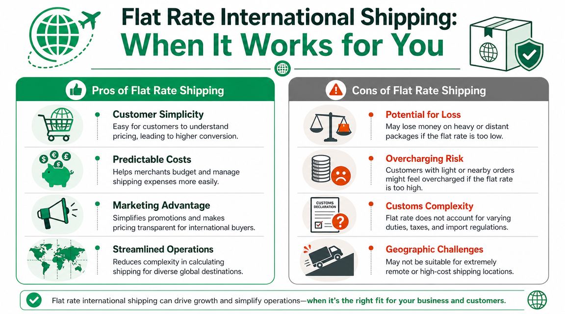 An infographic detailing the pros and cons of implementing flat rate international shipping for businesses.
