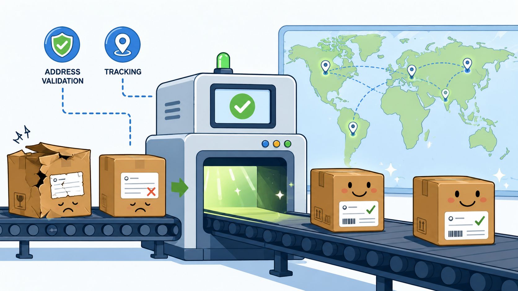 A conveyor belt system processing packages for international shipping with address validation and real-time tracking.