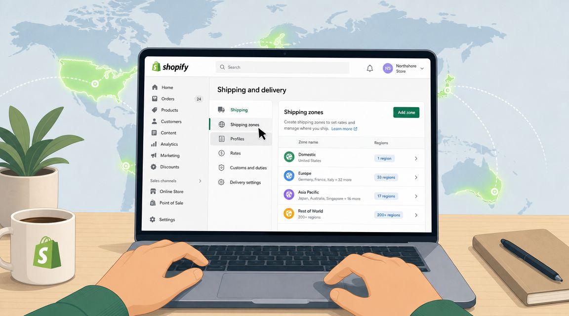 A person using a laptop to manage shipping zones and delivery settings on the Shopify platform interface.