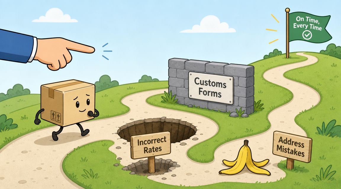 A cartoon box character navigating obstacles like customs forms and incorrect rates on a path to success.