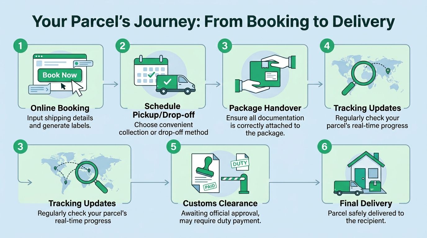 A step-by-step infographic illustrating the international parcel shipping process from online booking to final delivery.