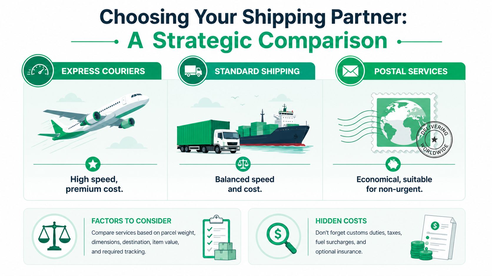 A strategic comparison chart for choosing between express couriers, standard shipping, and postal service providers.