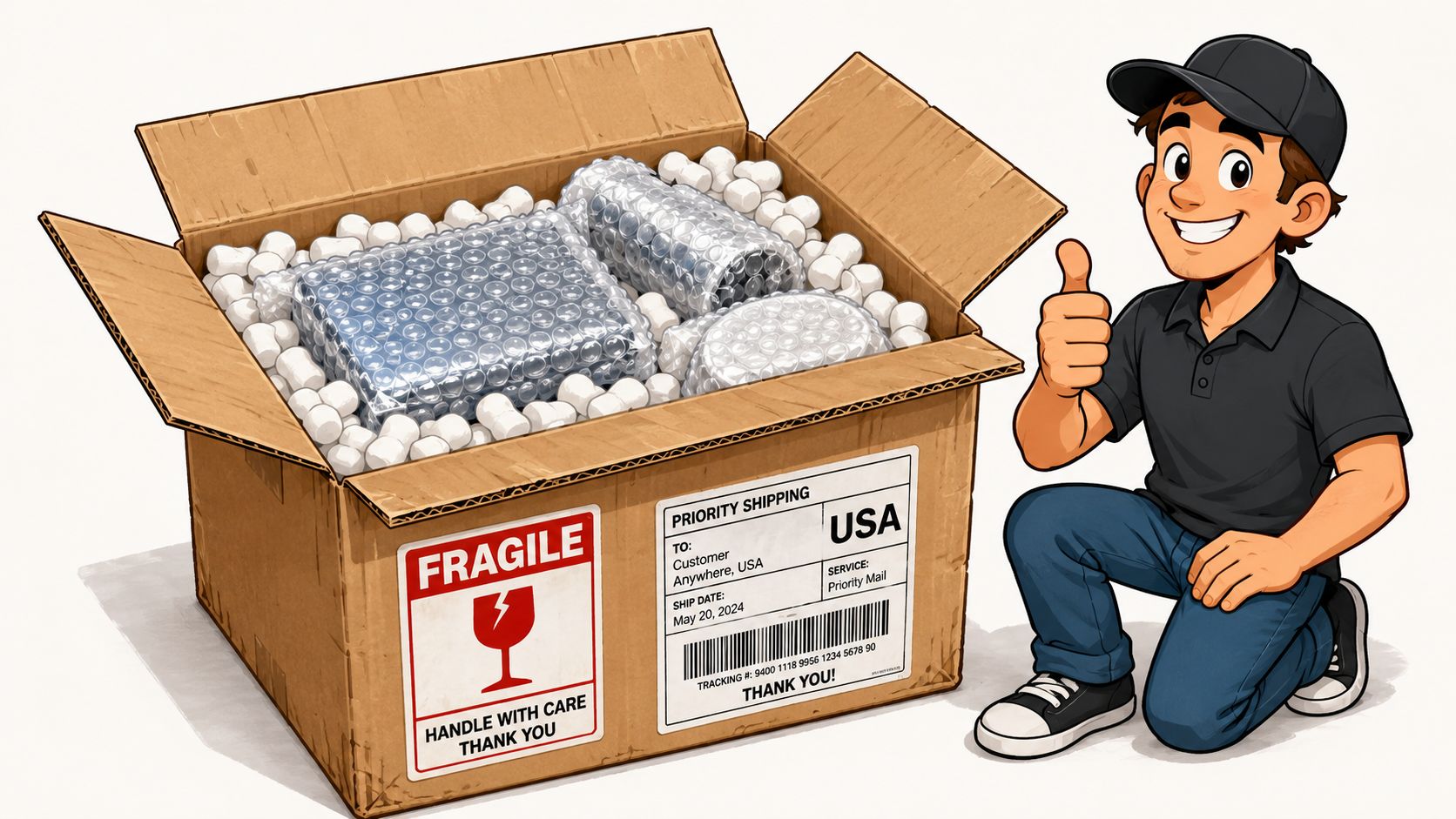 A friendly delivery person kneeling beside a brown cardboard parcel packed with bubble wrap and shipping labels.