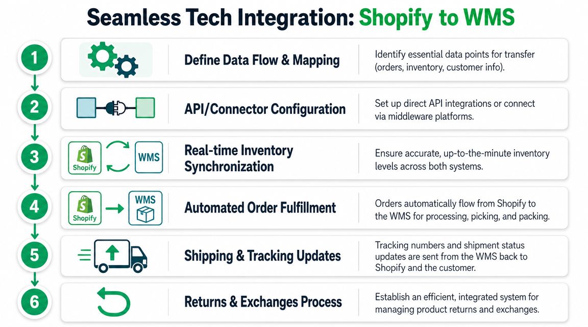 A six-step infographic illustrating the seamless technical integration process between a Shopify online store and a WMS.