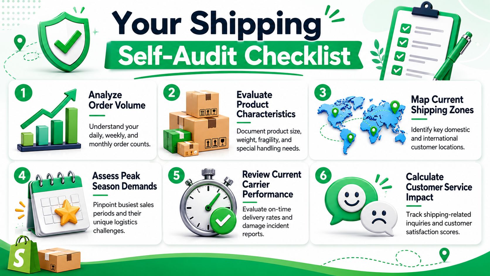 An infographic titled Your Shipping Self-Audit Checklist illustrating six essential steps for optimizing a business shipping strategy.