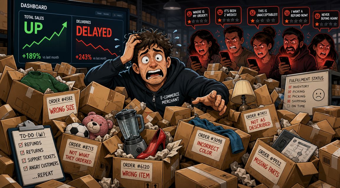 A stressed e-commerce merchant overwhelmed by warehouse chaos, delayed deliveries, and angry customer feedback.