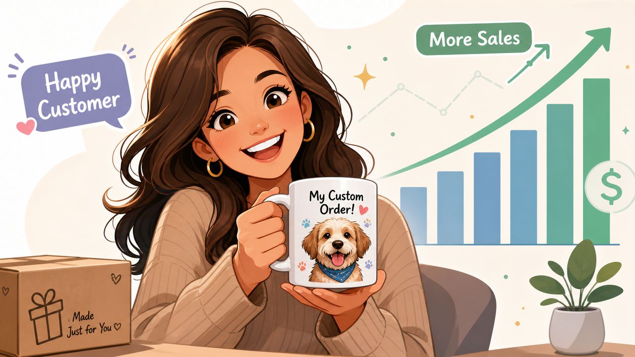 A happy woman holding a custom dog mug with a growth graph in the background