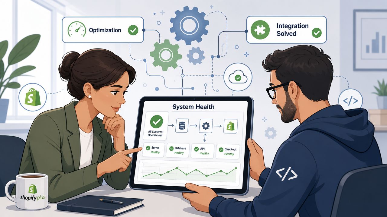 A professional woman and a male developer collaborating on Shopify Plus system health monitoring and optimization.
