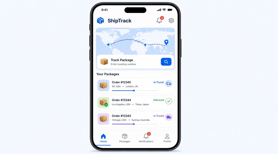 A smartphone screen displaying a shipping tracker application interface showing multiple package delivery status updates.