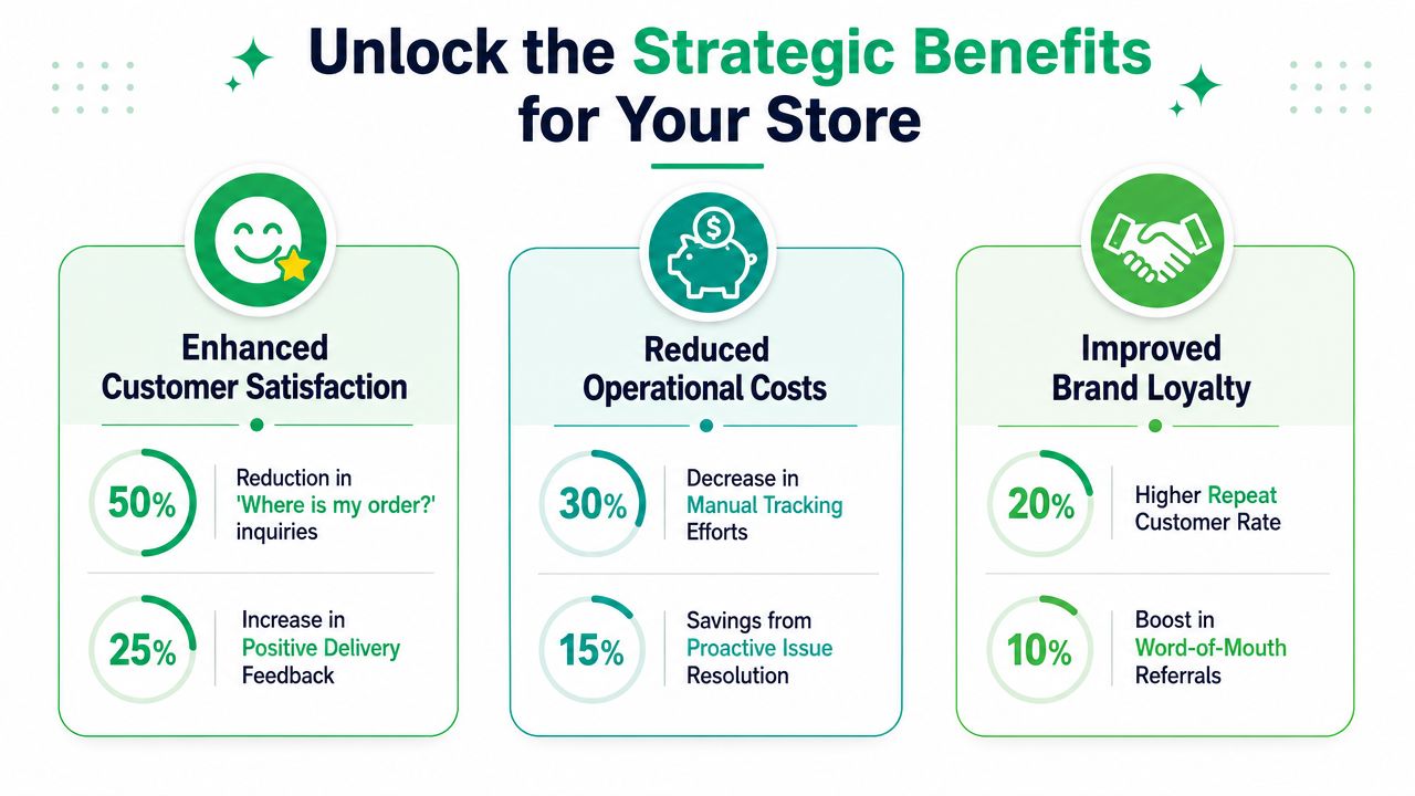 An infographic showing strategic business benefits like customer satisfaction, reduced costs, and improved brand loyalty for stores.