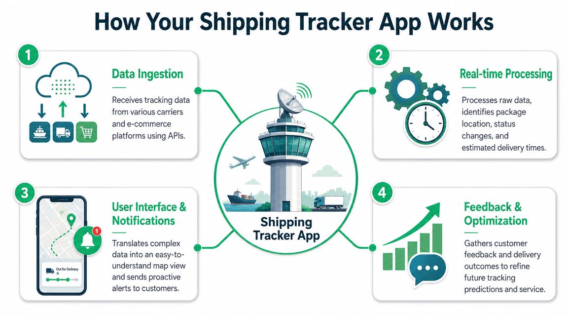A diagram illustrating the four steps of how a shipping tracker app processes and delivers package updates.