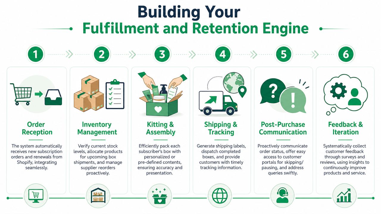A six-step infographic explaining how to build a subscription box fulfillment and retention engine for e-commerce.