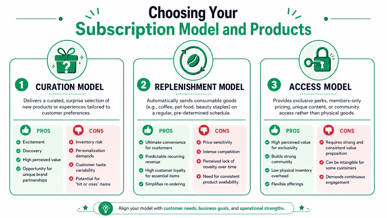 An infographic showing the three main types of subscription models: Curation, Replenishment, and Access with their pros and cons.