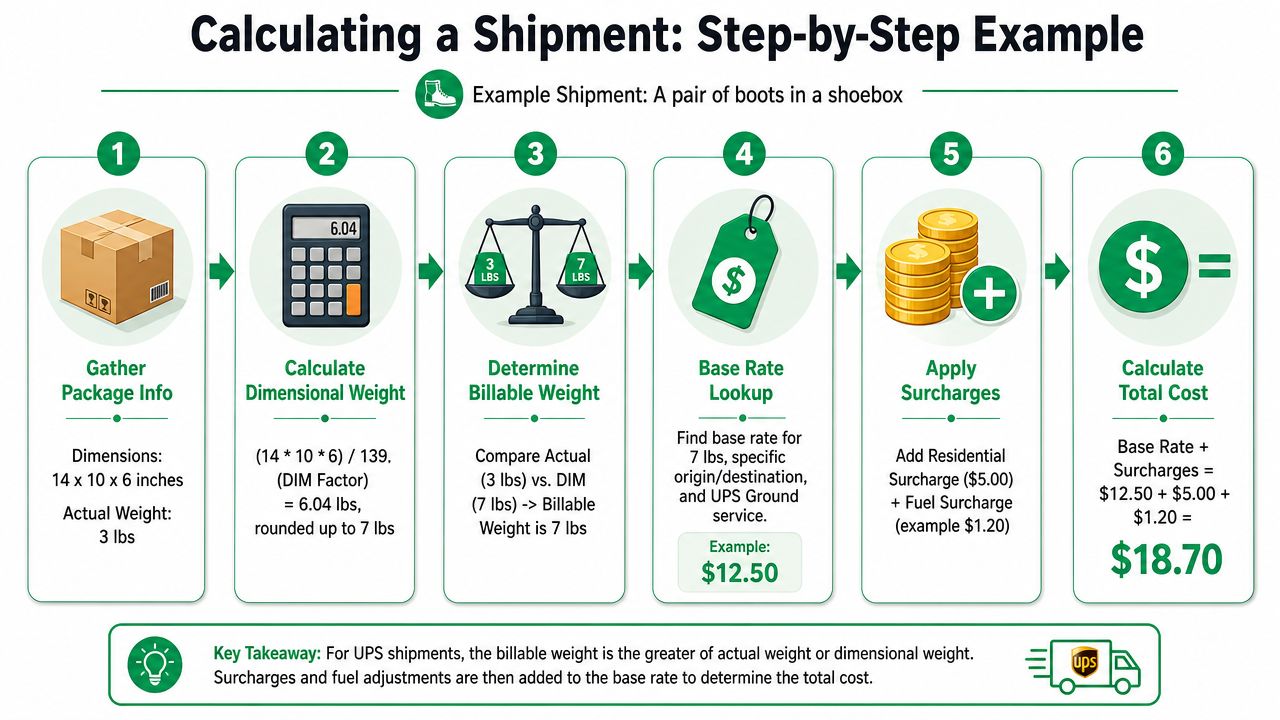 A step-by-step infographic illustrating how to calculate shipping costs for a package using UPS dimensional weight.