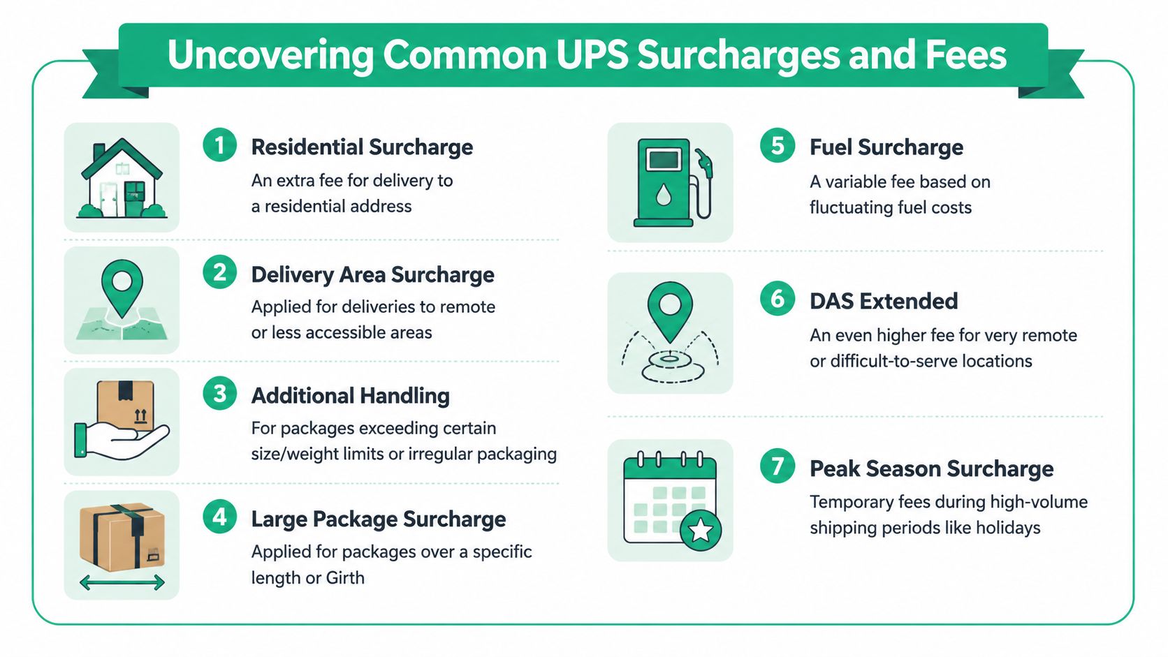 An infographic titled Uncovering Common UPS Surcharges and Fees illustrating seven different types of shipping costs.